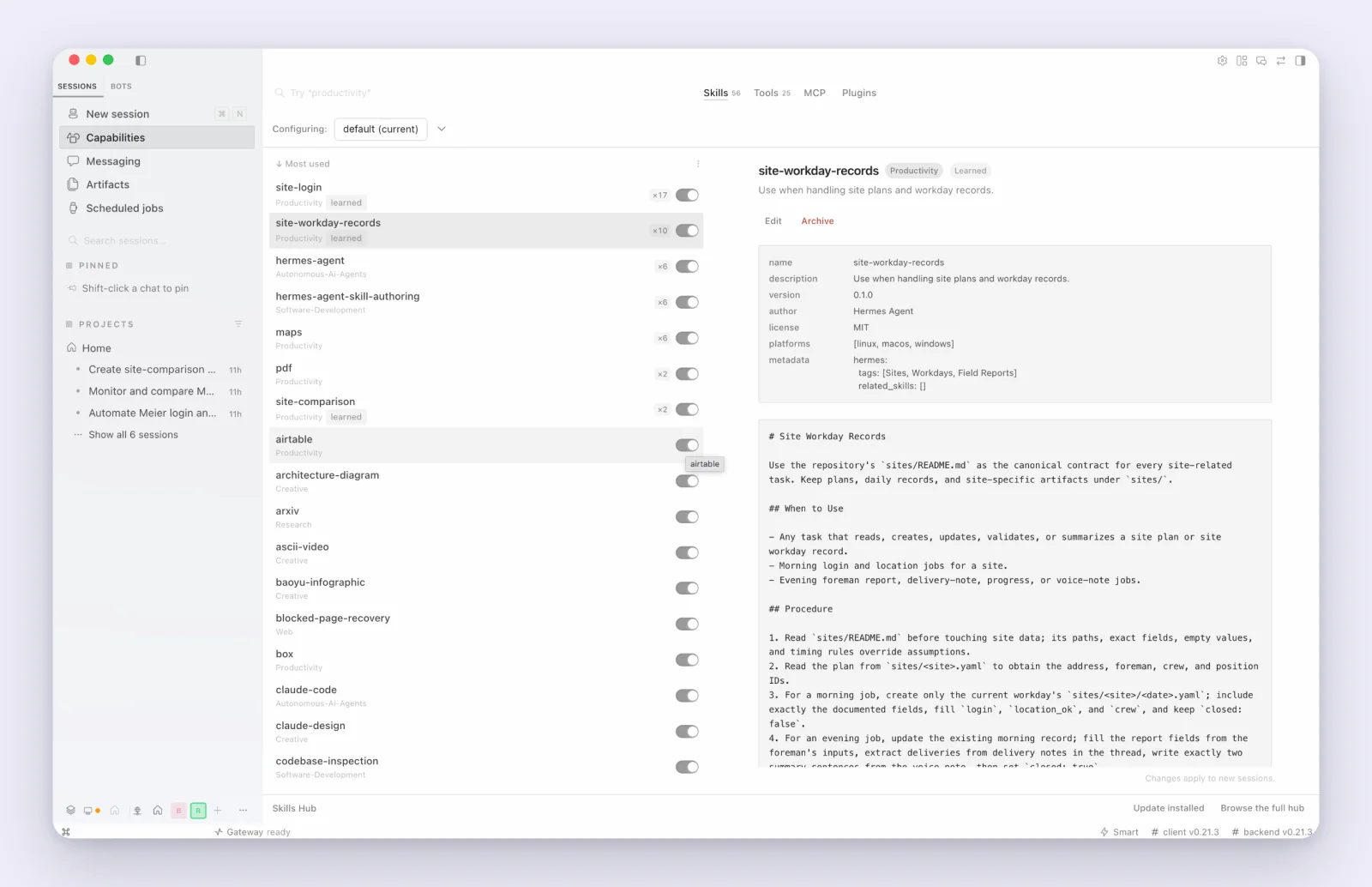 The Skills page in Hermes Desktop with the skills Hermes wrote for the site: site-login, site-workday-records and site-comparison