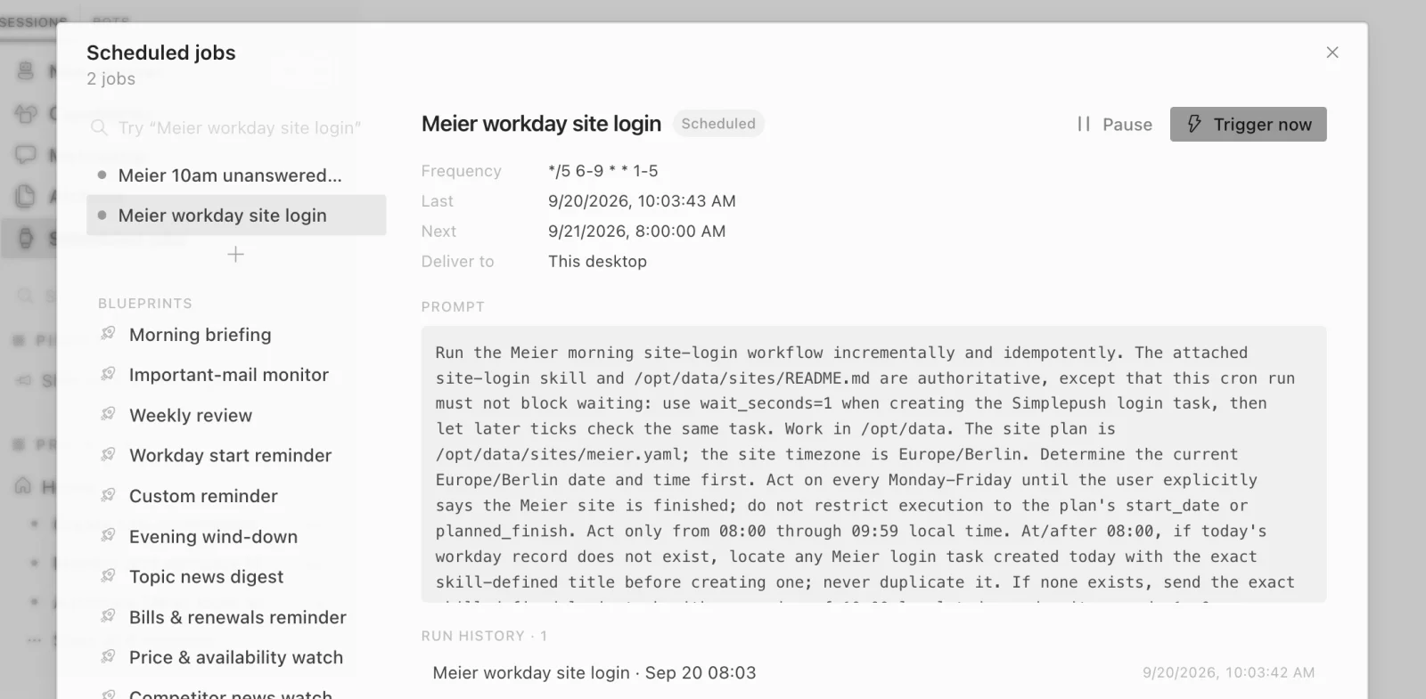 The Cron page in Hermes Desktop with the site-login and site-comparison jobs for the Meier site