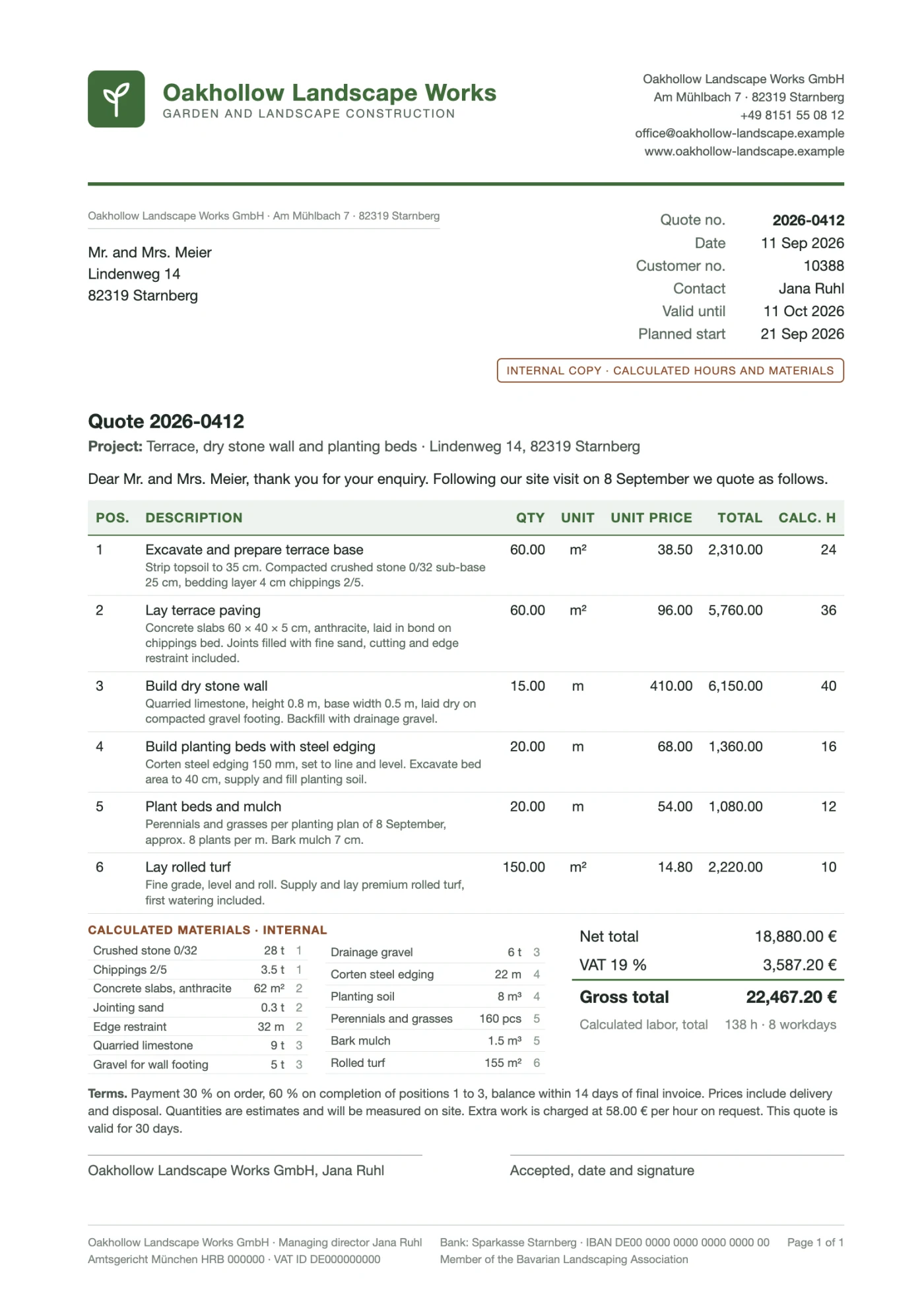 Quote 2026-0412 for the Meier site, internal copy with calculated hours and materials